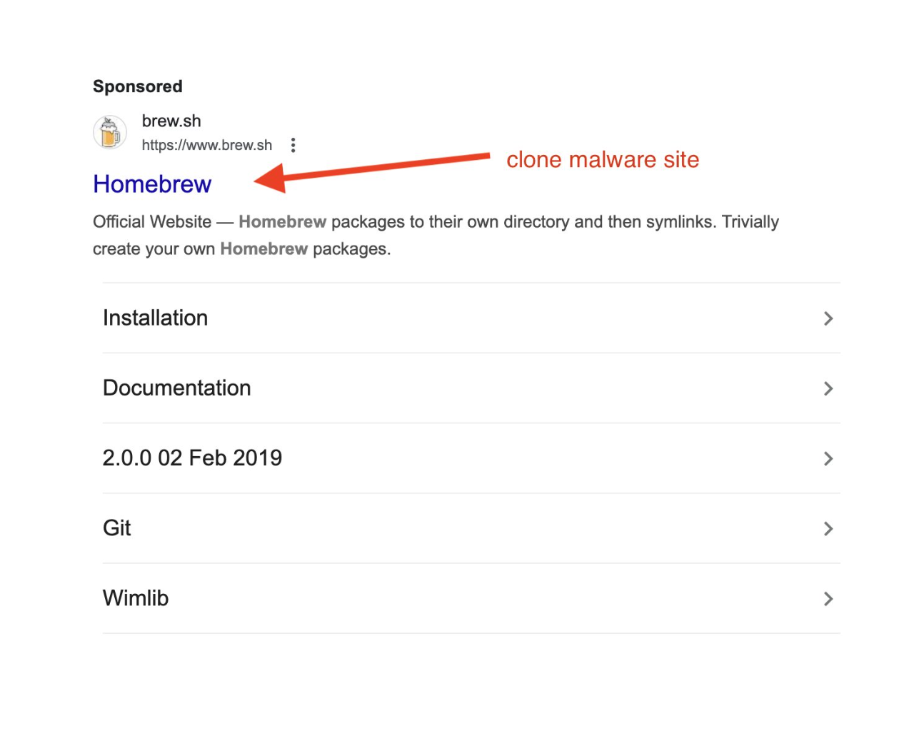「Google」の検索結果ページに掲出されているスポンサーリンクが、実は「Homebrew」の偽サイト