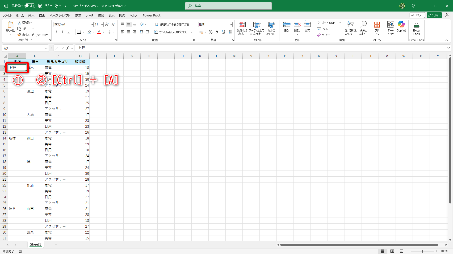 セル内を選択して（①）、［Ctrl］＋［A］キーを押します（②）