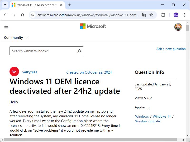「Microsoft Community」に寄せられた事例