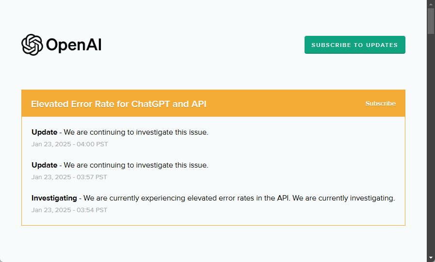 OpenAI社のサーバーステータスページ