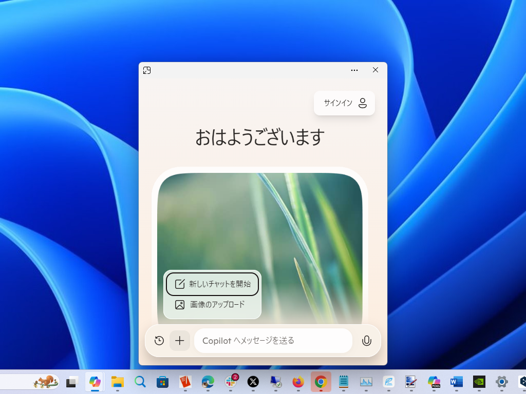 コンパクトな「クイック ビュー」。当初はデスクトップ右側にドッキングしていた「Copilot」アプリだが、1年余りの試行錯誤の結果、このデスクトップの下部中央が定位置になりそうだ