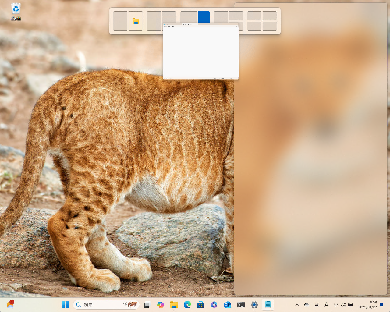 ウィンドウをデスクトップ上部へドラッグすると現れるスナップバー。ドロップしたレイアウト通りにウィンドウを配置できる