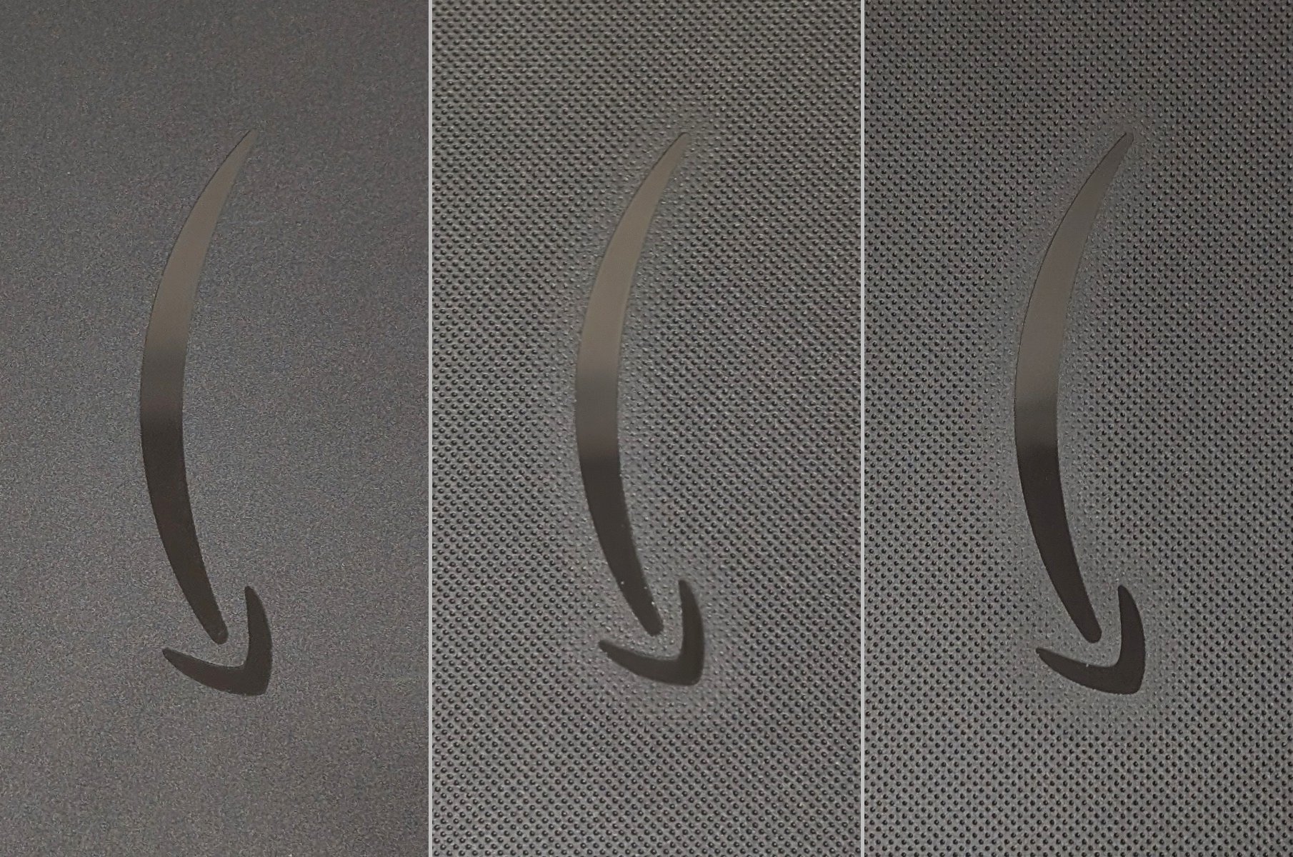 アップにすると、2022年発売モデル（左）はツルッとしているのに対し、2024年発売モデル（中央および右）は凹凸の加工が施されているのがわかる