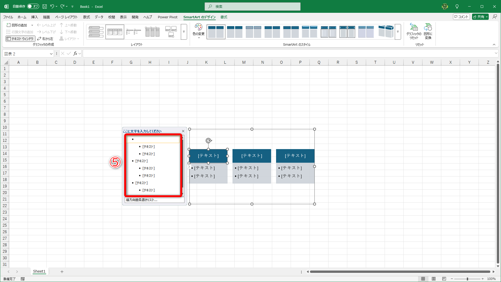 選択した［SmartArt］が挿入されます、図形の左に表示された入力欄（⑤）に必要なテキストを入力していきます。「テキスト」と表示されている内容はサンプルです