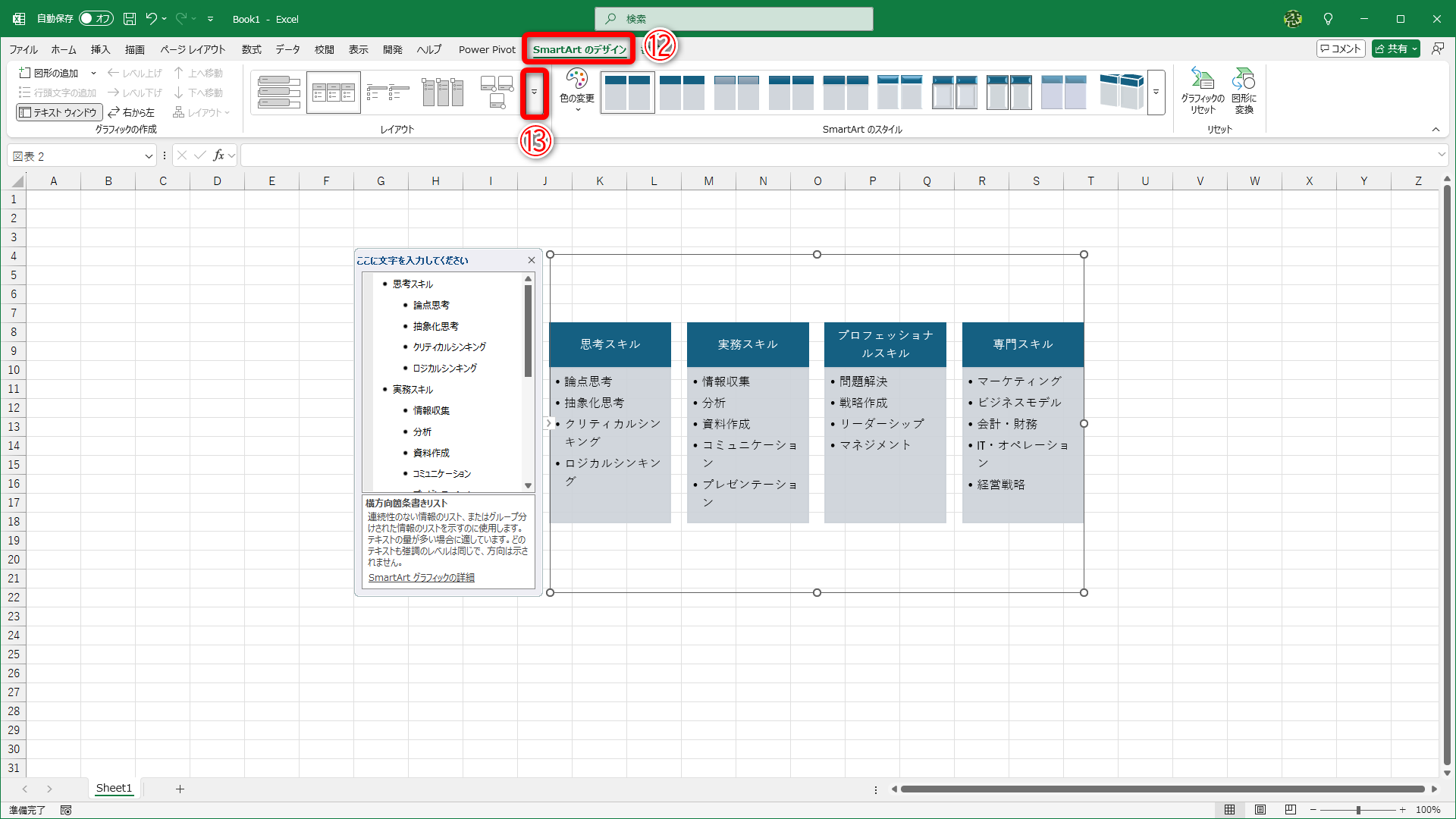 ［SmartArtのデザイン］タブ（⑫）にある［レイアウトの変更］（⑬）をクリックします