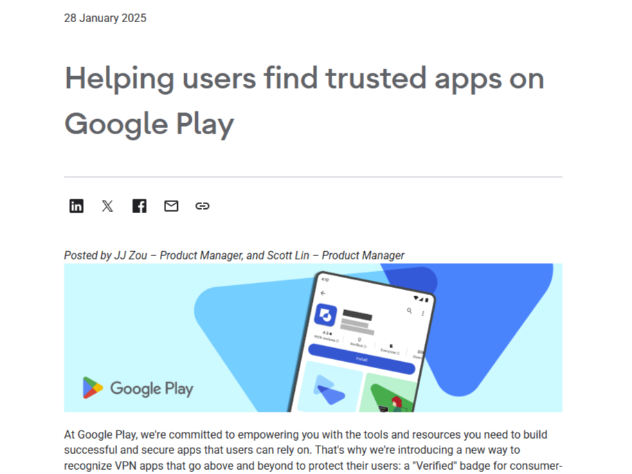 「Google Play」で信頼できるVPNアプリに認証バッジが付与されるように