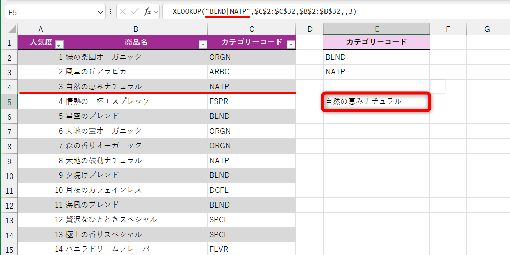 セルE5に「=XLOOKUP("BLND|NATP",$C$2:$C$32,$B$2:$B$32,,3)」と入力した。全体で3番人気の「NATP」に対応する「自然の恵みナチュラル」を取り出せている