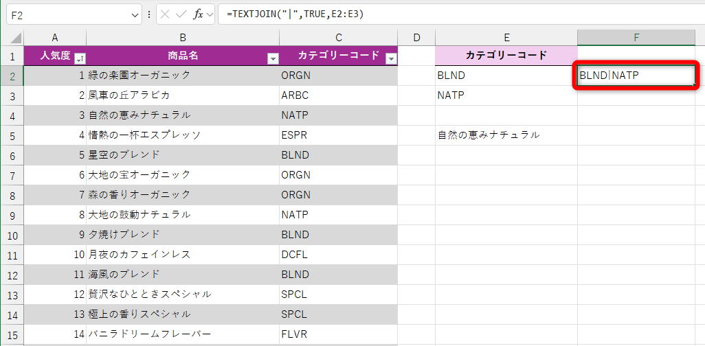 結果はセルE2とE3の内容を「|」で挟んだ「BLND|NATP」となる
