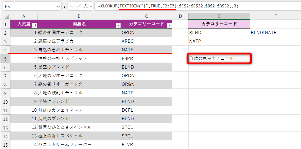 セルE5の数式を「=XLOOKUP(TEXTJOIN("|",TRUE,E2:E3),$C$2:$C$32,$B$2:$B$32,,3)」と修正した。結果は先ほどと同じく、全体で3番人気の「NATP」に対応する「自然の恵みナチュラル」が取り出される