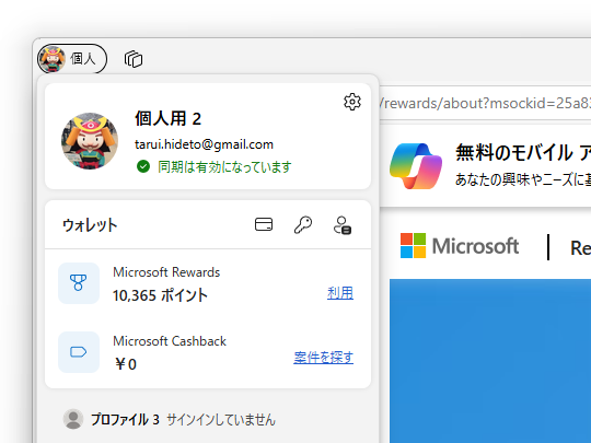 画面左上のボタンからアクセスできるプロフィールポップアップで「Microsoft Rewards」ポイントを確認できる