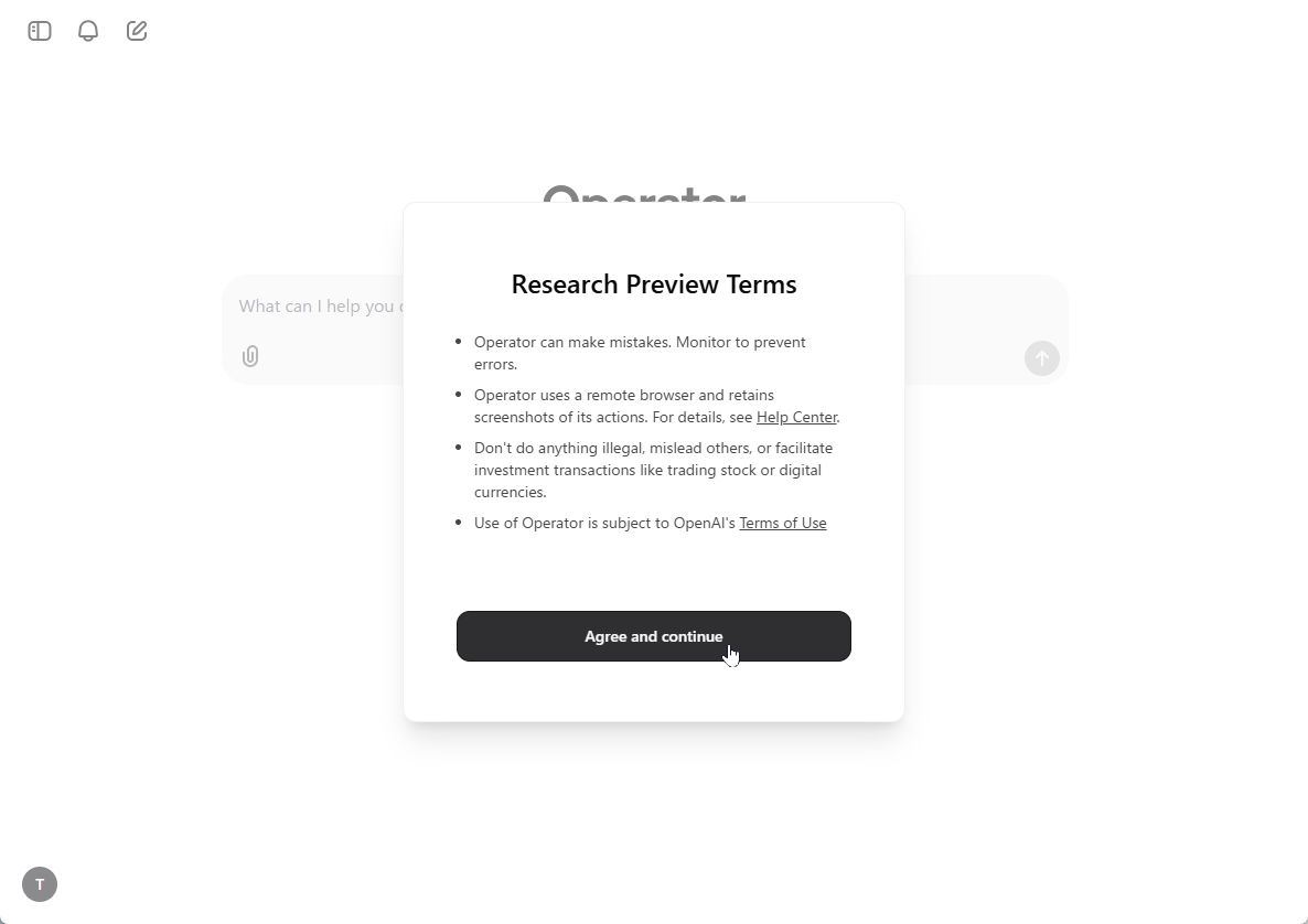 アメリカから接続すると「Operator」のウェルカムページが開く。現在はリサーチプレビューとのこと