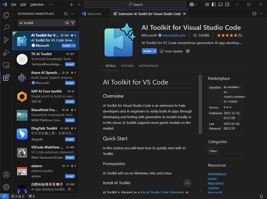 ［AI Toolkit for Visual Studio Code］はリストの一番上に出るはず