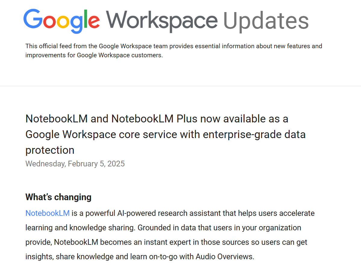 「NotebookLM」「NotebookLM Plus」が「Google Workspace」のコアサービスとして導入