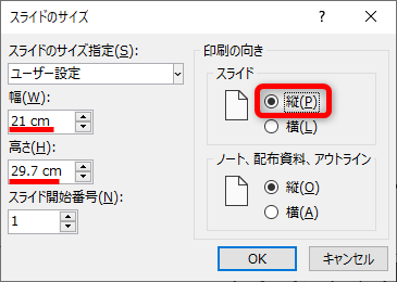 ［幅］に「21」、［高さ］に「29.7」と指定する。［スライドのサイズ指定］は自動的に［ユーザー設定］となる。を選択する。［印刷の向き］の［スライド］に［縦］を選択する