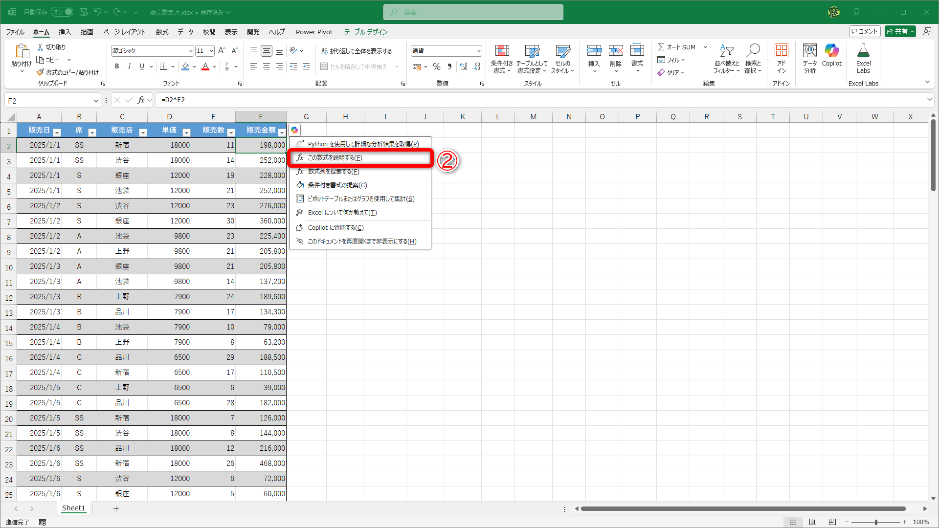 ［Copilot］ボタンからすぐにCopilotを呼び出せます。ここでは［この数式を説明する］（②）を選択してみます