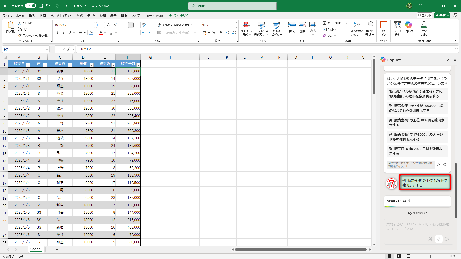 選択した項目がプロンプトとして入力されます（⑦）
