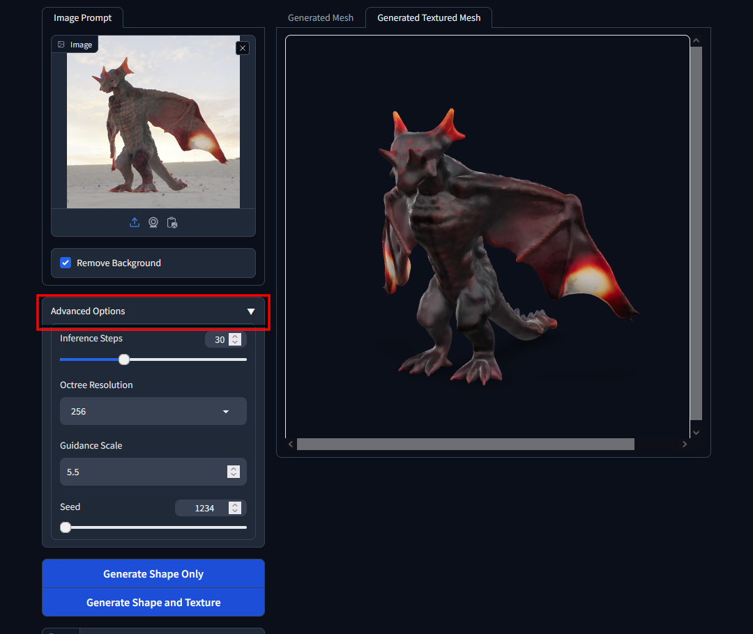 ［Advanced Options］のクリックで調整用パラメーターが表示