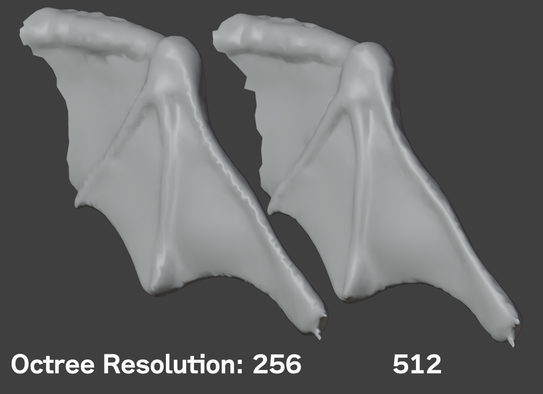 ［Octree Resolution］が「256」（デフォルト）と「512」の違い。512の方が翼の縁が綺麗になっている