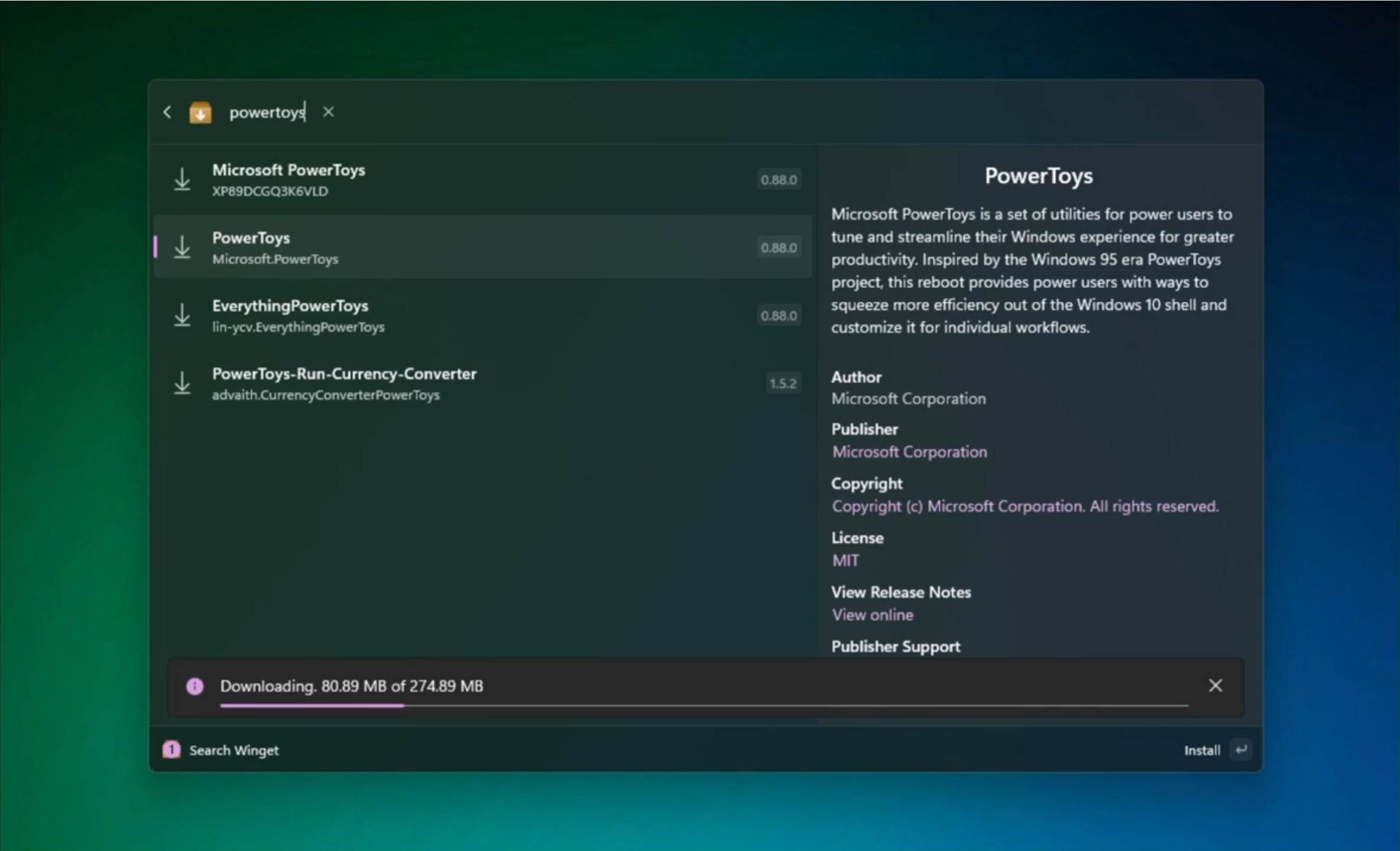 パッケージを検索する際は、その詳細情報がサイドパネルへビジュアルに表示されるほか、ダウンロードとインストールの進捗もプログレスバーなどでちゃんと示されるようだ