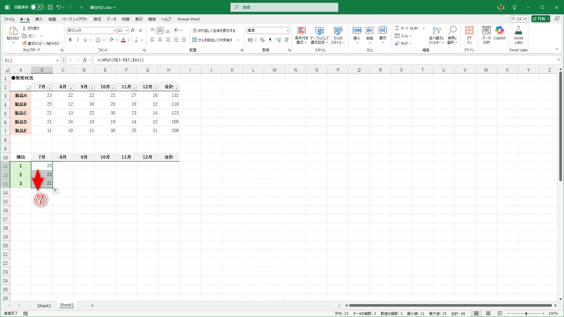 数式を下方向にコピーすれば、7月のトップ3が求められます（⑦）