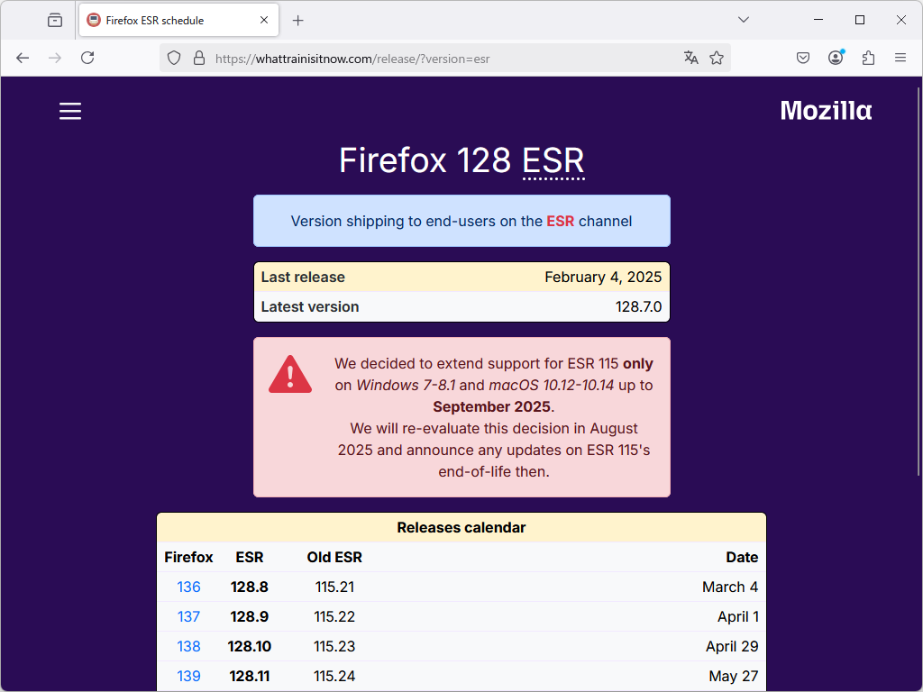「Firefox ESR 115」のWindows 7～8.1、macOS 10.12～10.14対応が、2025年9月までに延長
