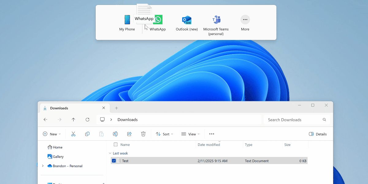 デスクトップ上部へのドラッグ＆ドロップでファイルを他のアプリへ共有できる機能