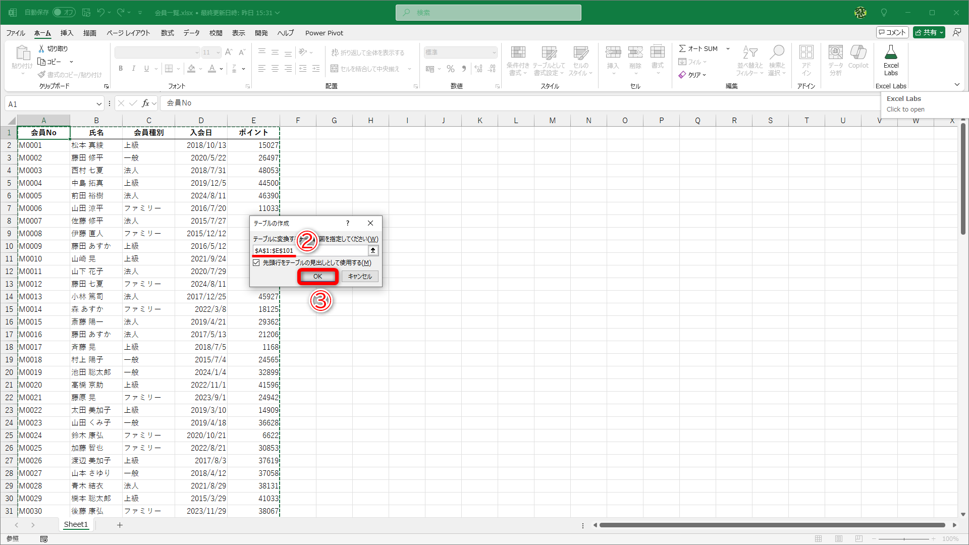 テーブルに変換する範囲が自動的に認識される（②）ので、［OK］(③)をクリックします