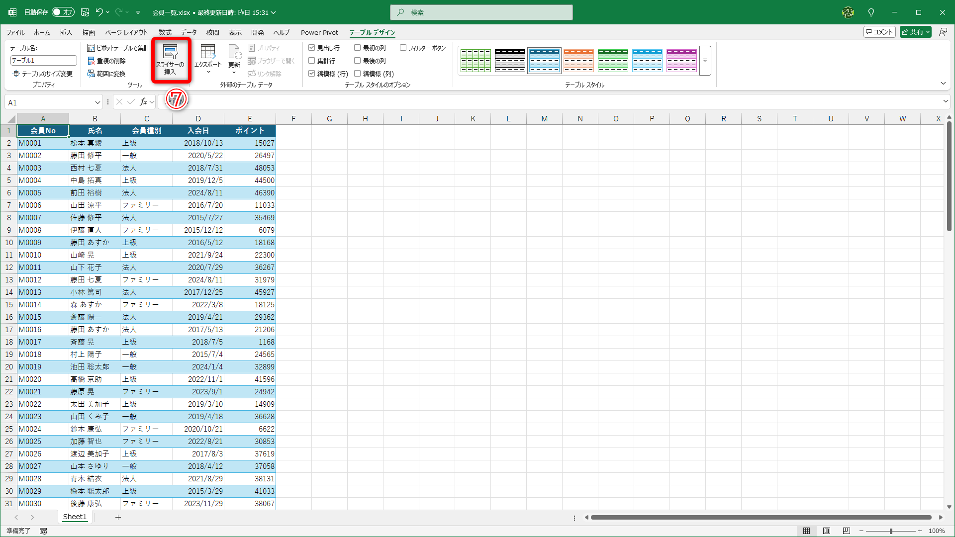 ［テーブルデザイン］タブにある［スライサーの挿入］（⑦）をクリックします