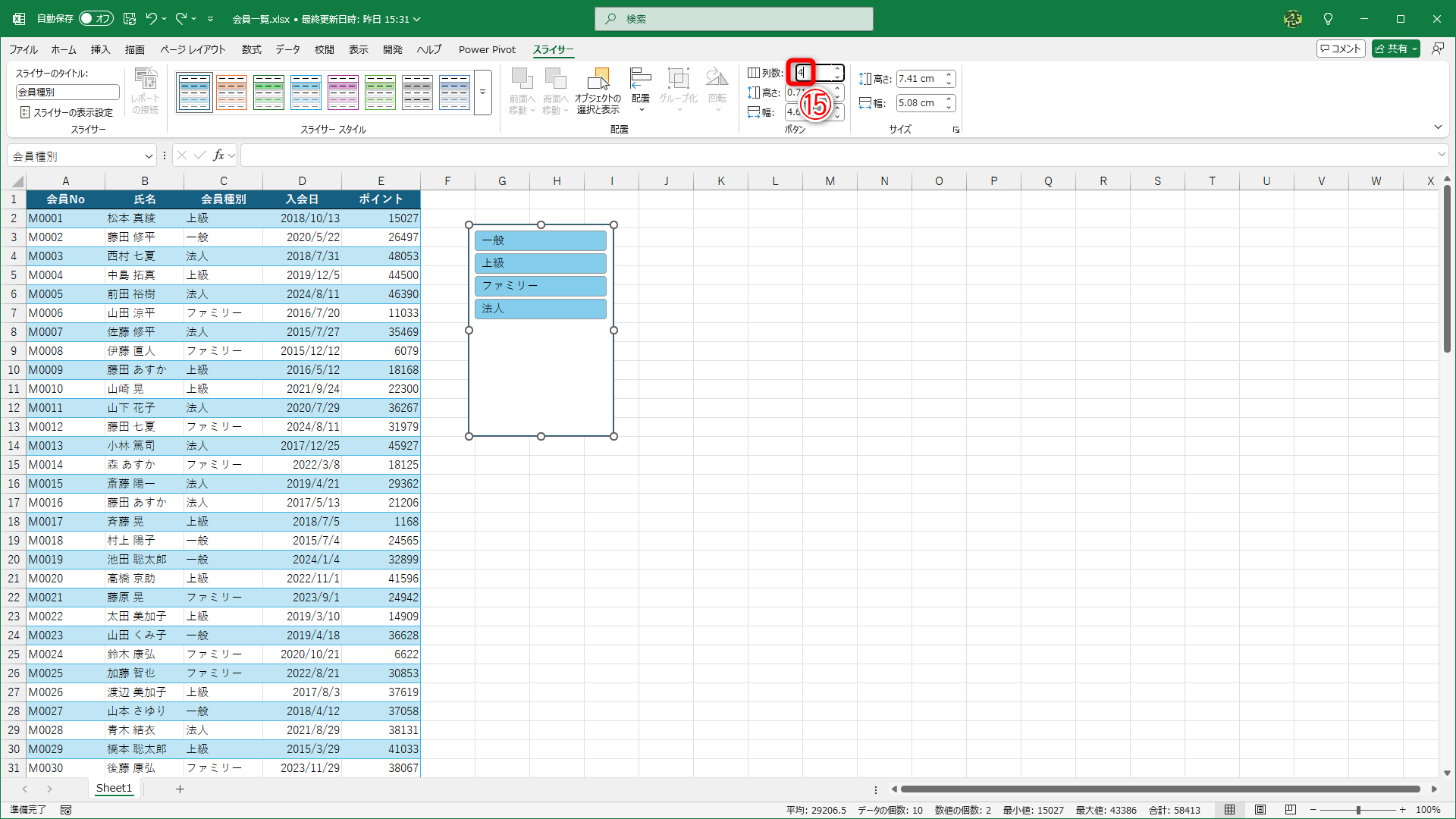 スライサーのタイトルが非表示になりました。項目の数に［列数］を指定します（⑮）。ここでは会員種別が4種類なので「4」としています