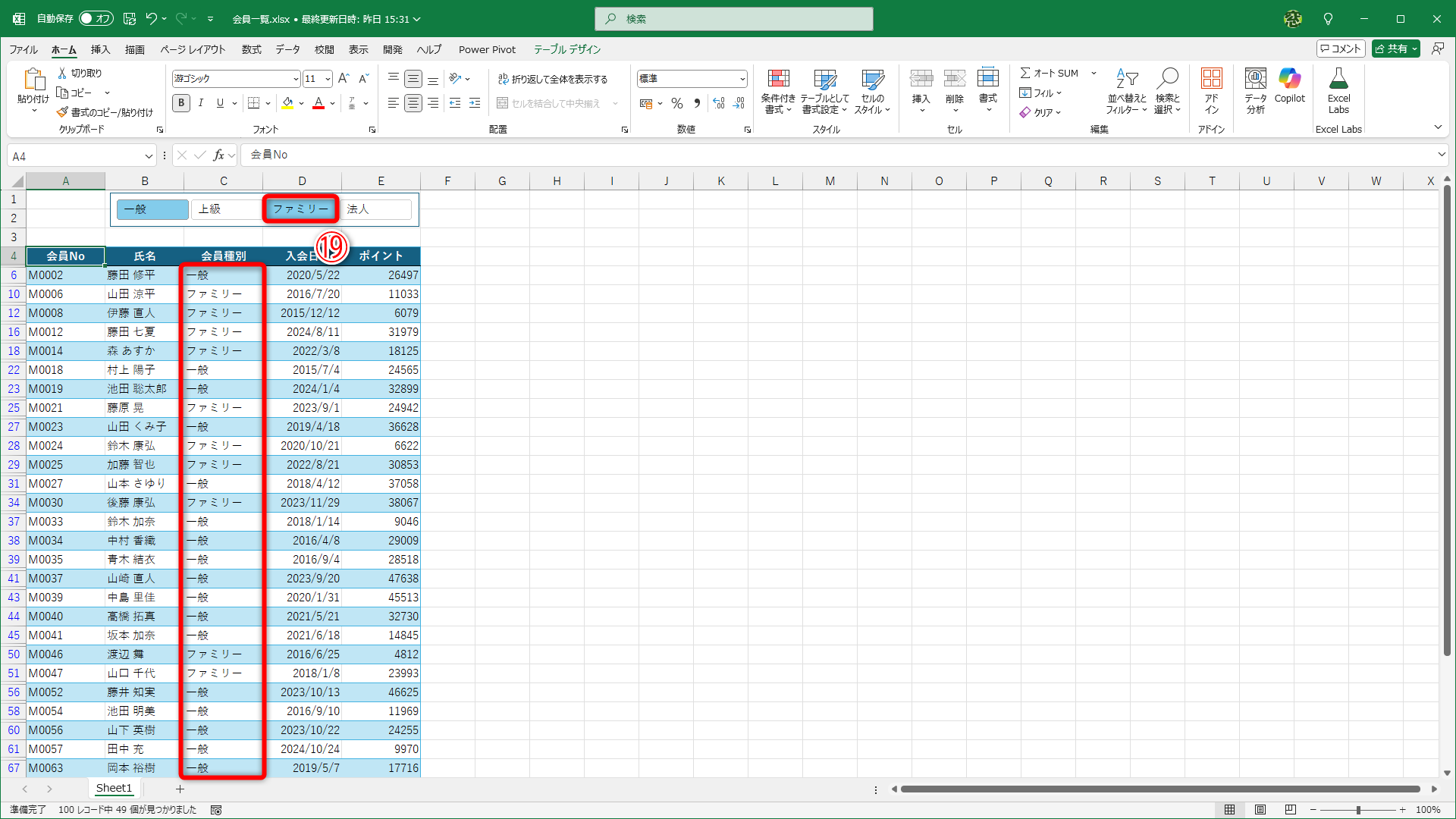 ［ファミリー］（⑲）をクリックしてONにしました。［一般］と［ファミリー］に絞り込まれています