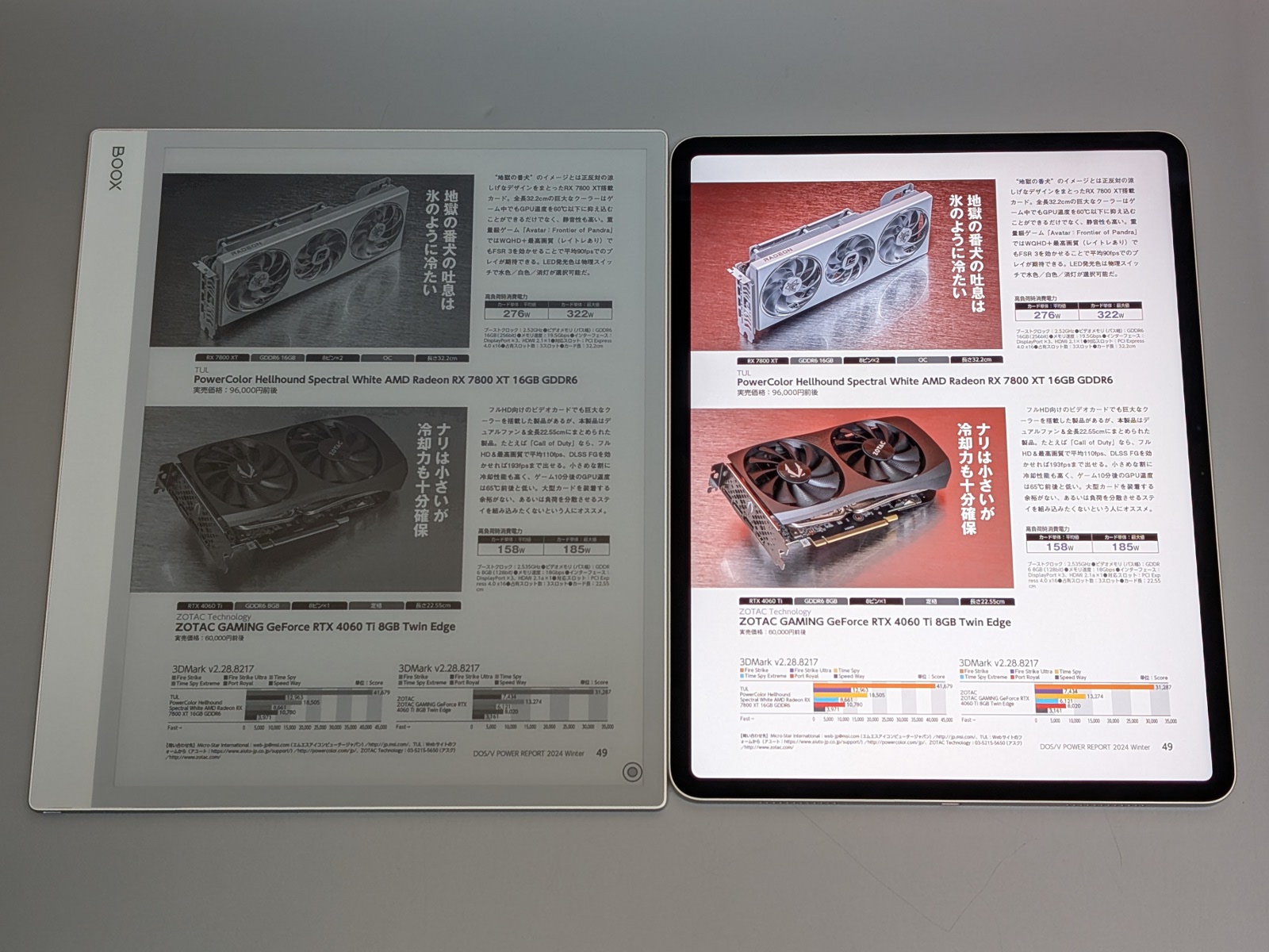 雑誌を表示したところ。サイズ的には十分なのだが、こちらもやはりモノクロであることがネックになる。白黒コピーを取った雑誌のページを見ているかのようだ