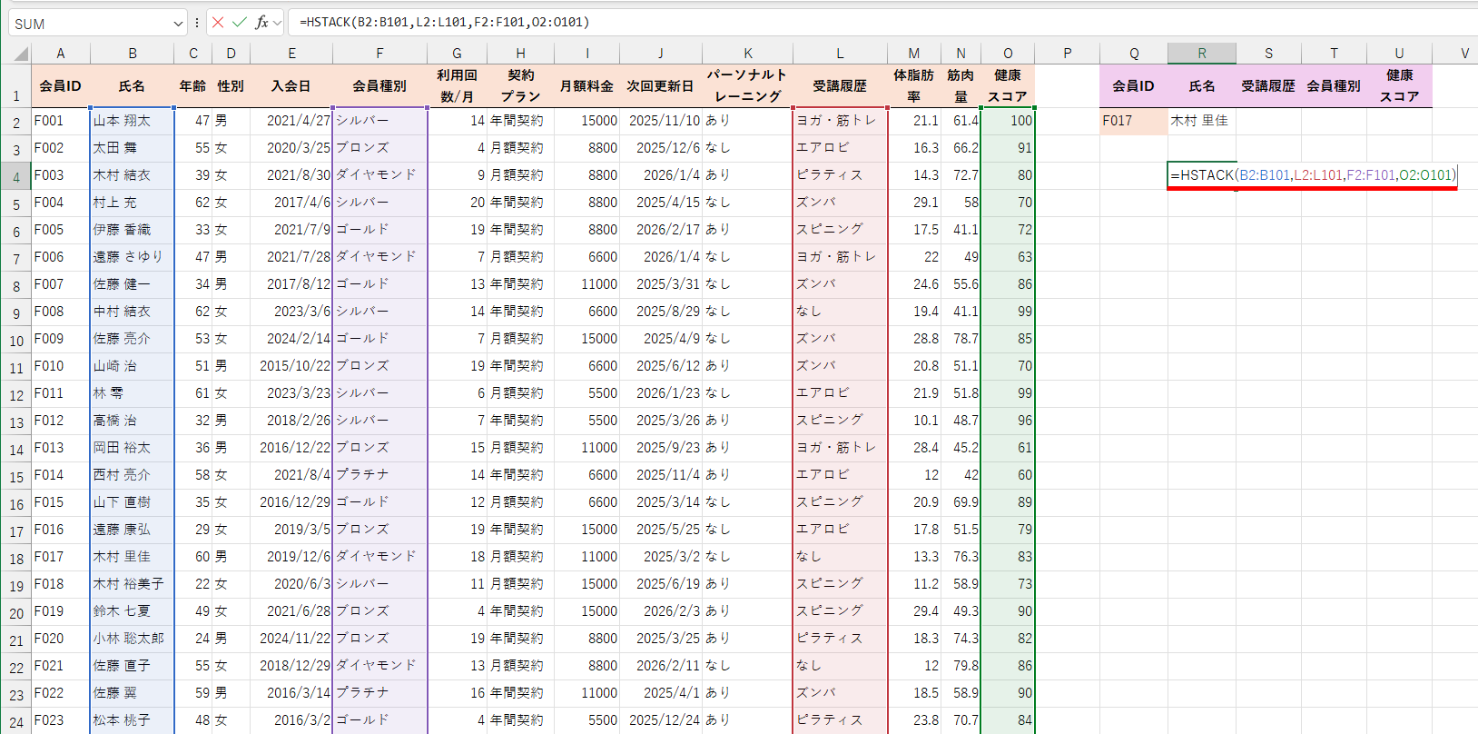 HSTACK関数の動作を確認するために、セルR4に「=HSTACK(B2:B101,L2:L101,F2:F101,O2:O101)」と入力した
