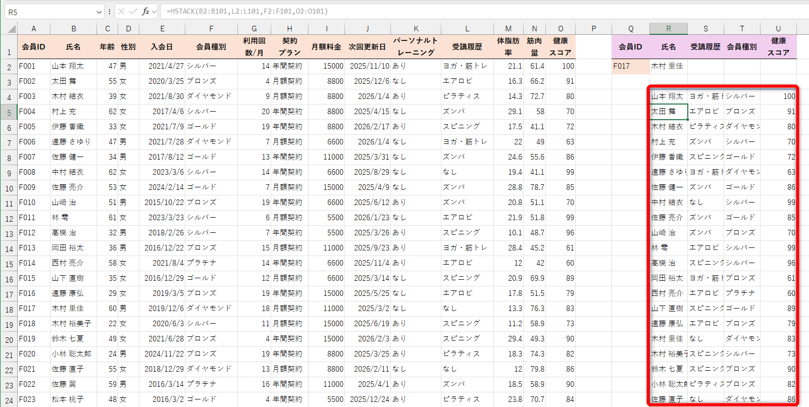 左から順に「氏名」「受講履歴」「会員種別」「健康スコア」の値が取り出せた