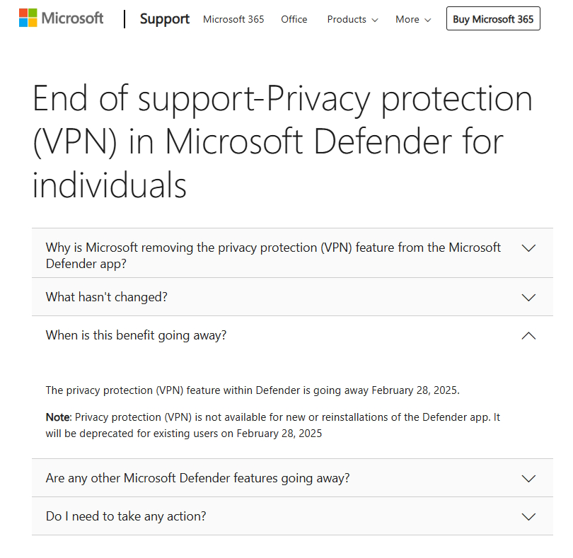 個人向け「Microsoft Defender」のVPN機能がまもなく廃止