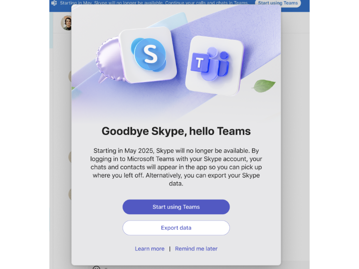 「Microsoft Teams Free」への移行を促す通知。将来バージョンの「Skype」に掲出される予定