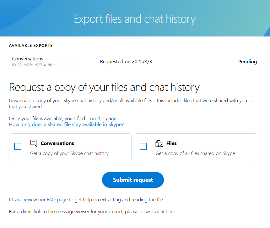 データ（チャット履歴とファイル）のダウンロードをリクエストすることも可能