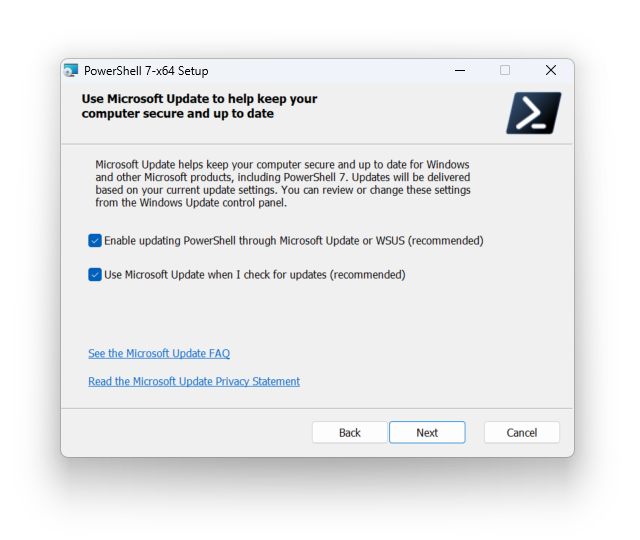 MSIパッケージで「PowerShell 7」をインストールした場合、「Windows Update」関連のオプションが2つ表示される