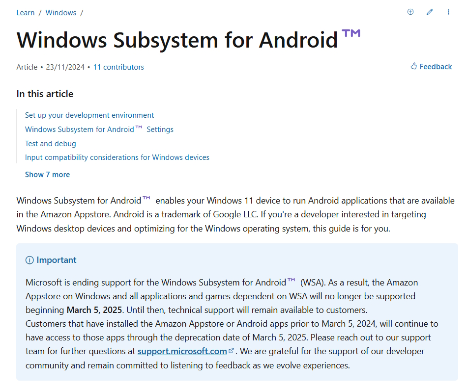 「Windows Subsystem for Android」のサポートが米国時間2025年3月5日に終了
