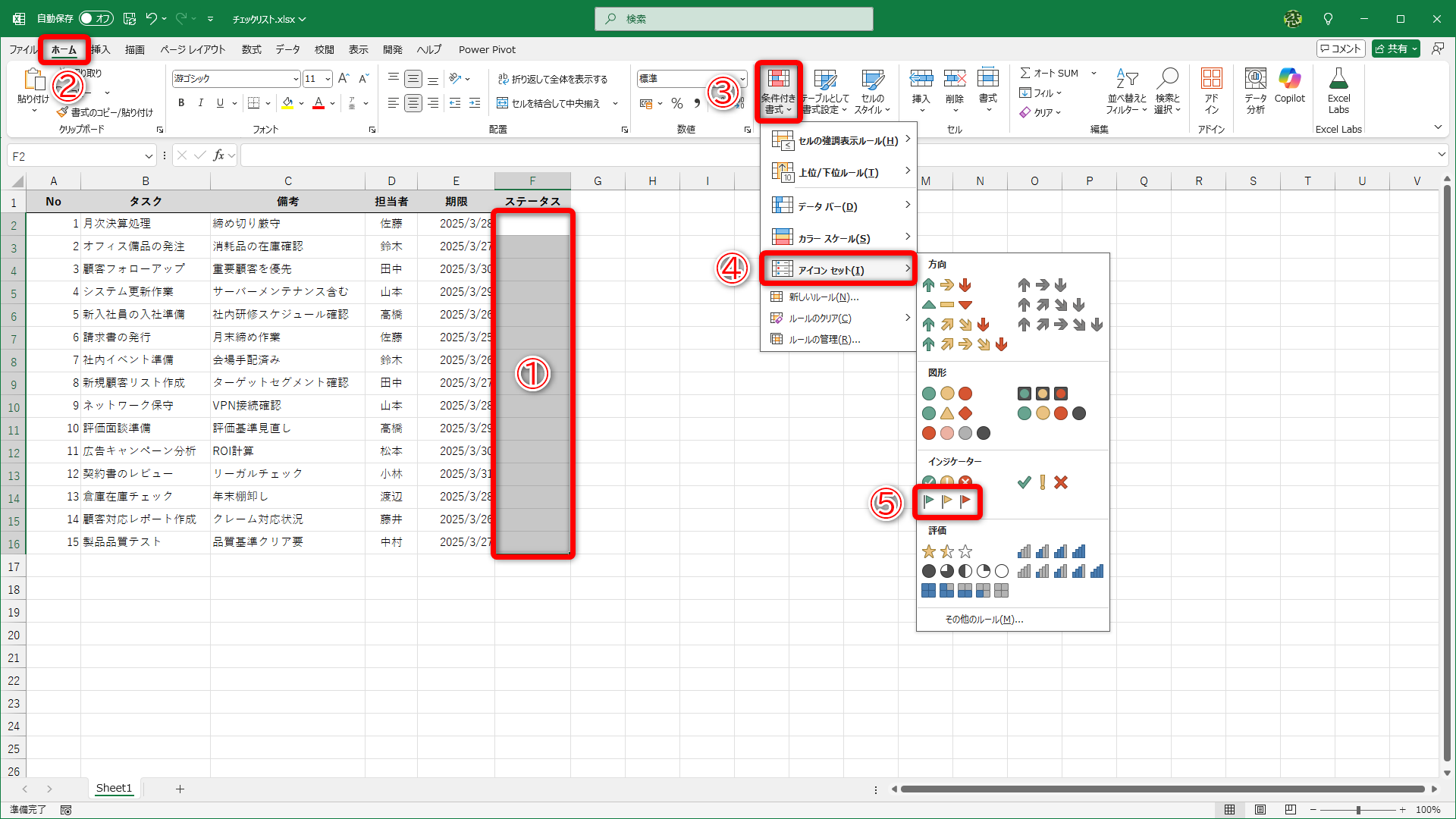 条件付き書式を設定したいセル範囲を選択しておきます（①）。［ホーム］タブ（②）にある［条件付き書式］（③）から［アイコンセット］（④）－［3つのフラグ］（⑤）を選択します