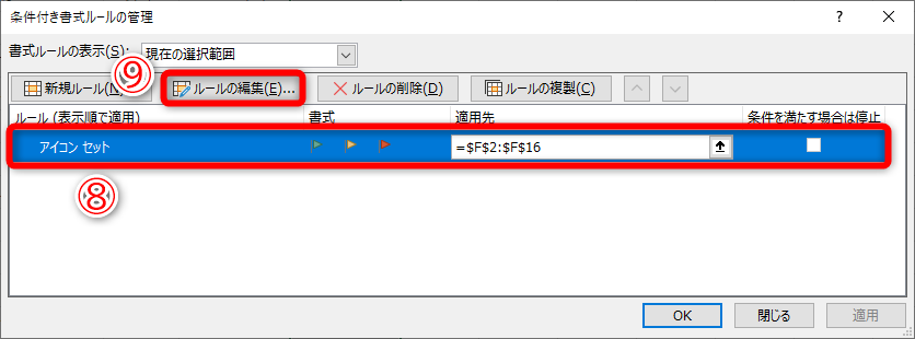 設定済みの条件付き書式（⑧）を選択して、［ルールの編集］（⑨）をクリックします