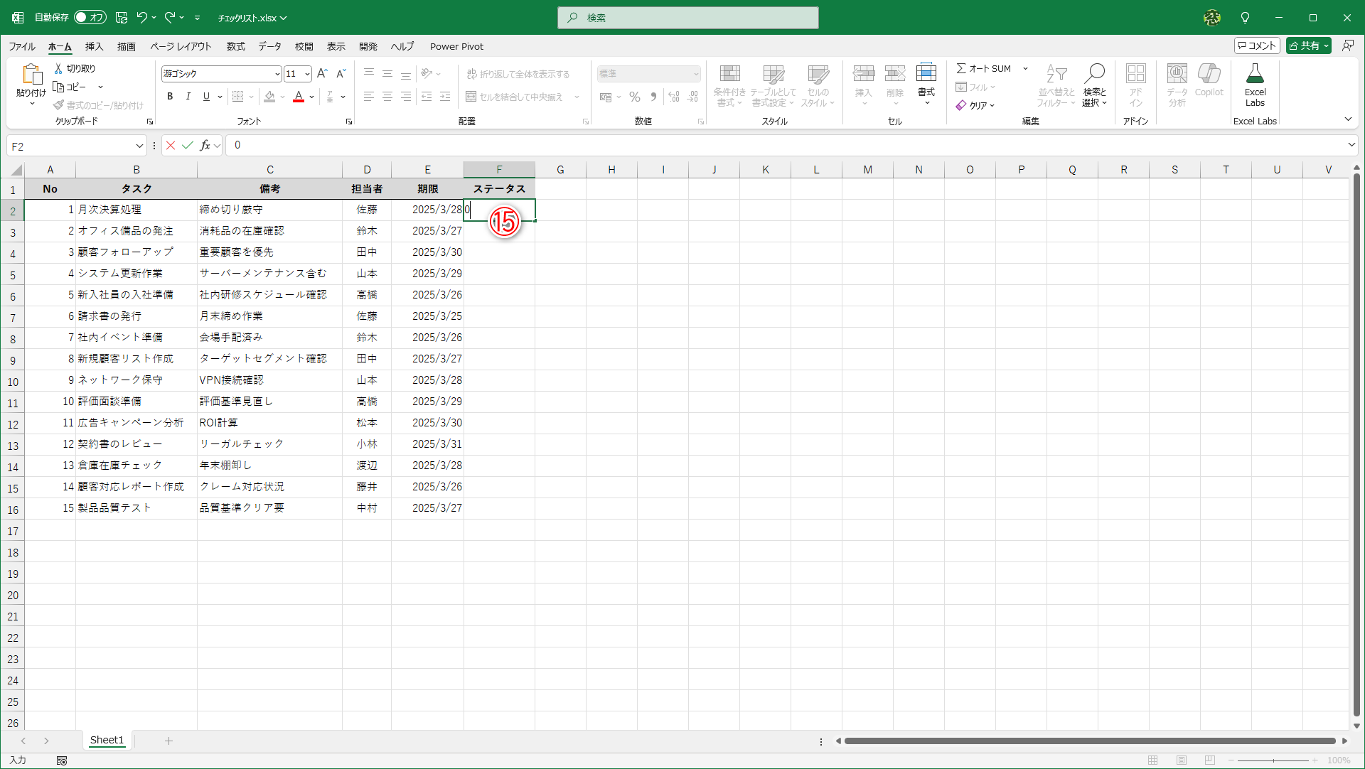 セルに「0」と入力します（⑮）。「未着手」の意味です