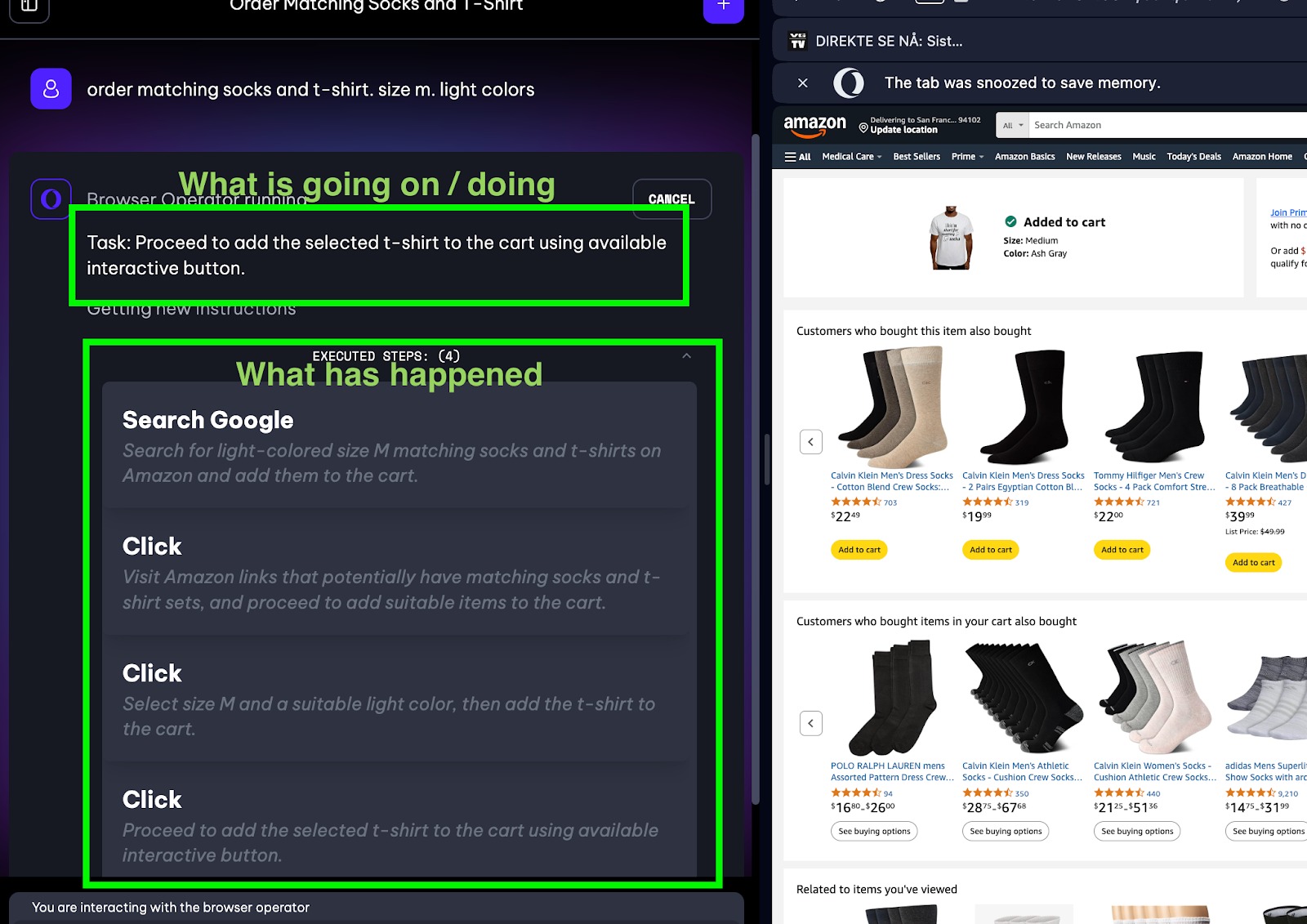 『選んだTシャツをカートに追加して』とプロンプトを入力すると、タスク実行に必要な操作が出力され、「Browser Operator」が代わりにタスクを実行してくれる