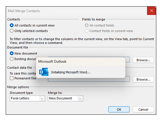 「Outlook」クラシックアプリで連絡先をデータソースとして差し込み印刷を開始すると、「Word」の初期化でハングアップする