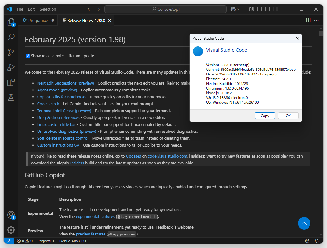 「Visual Studio Code」の2025年2月アップデート（v1.98.0）