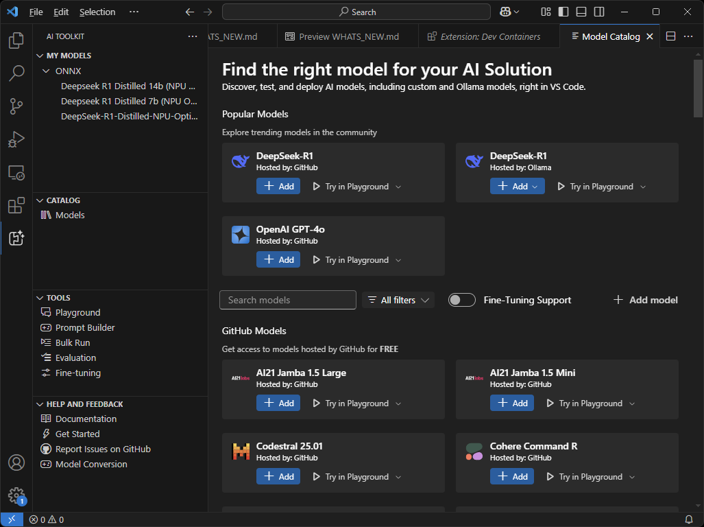 「Visual Studio Code」の「AI Toolkit」ウインドウ
