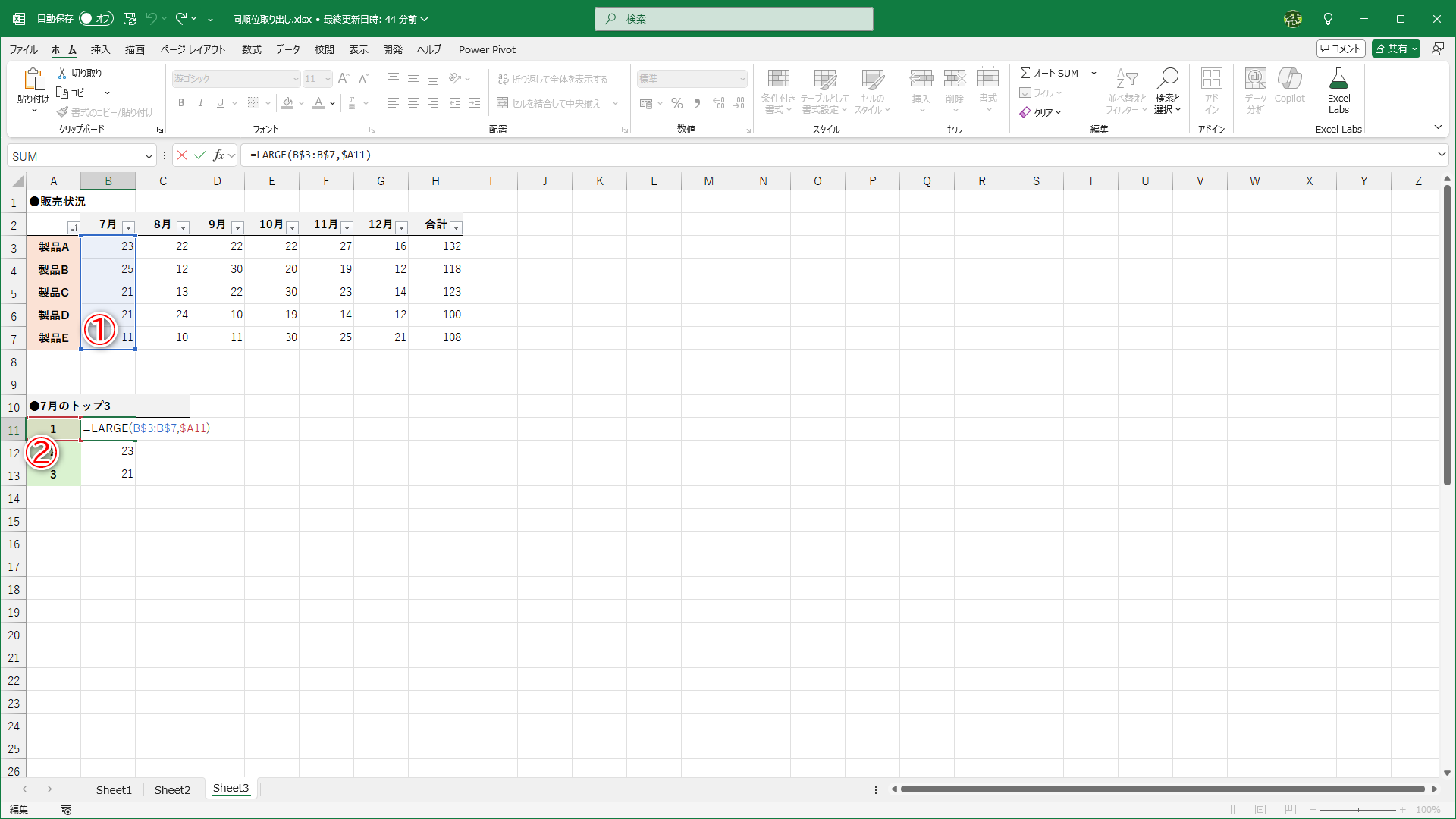 LARGE関数を使って、セルB3～B7（①）を対象に、セルA11の「1」（②）を参照しています
