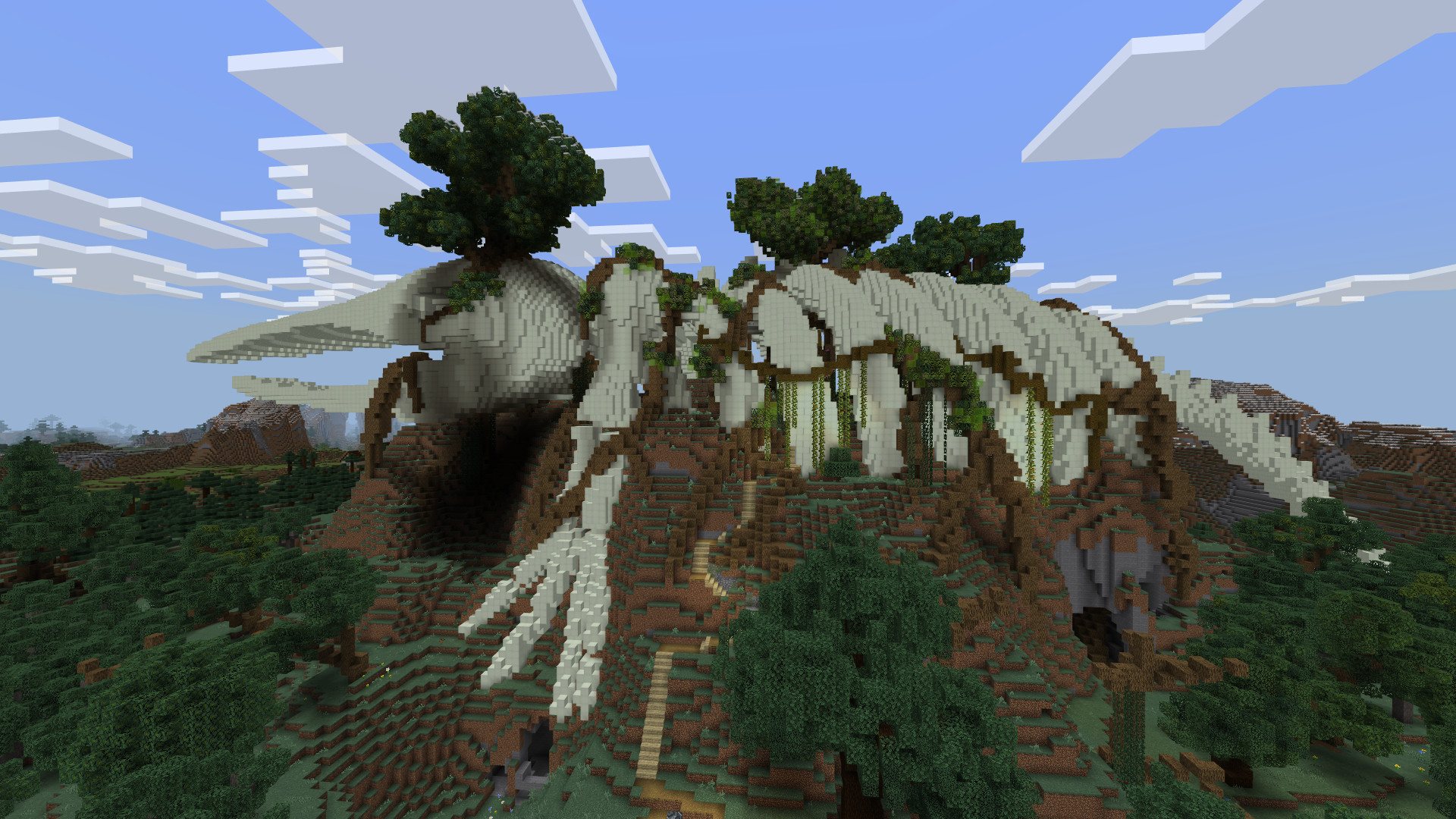 長い年月を経たクジラの化石が神秘的な姿で田舎領地にそびえ立つ