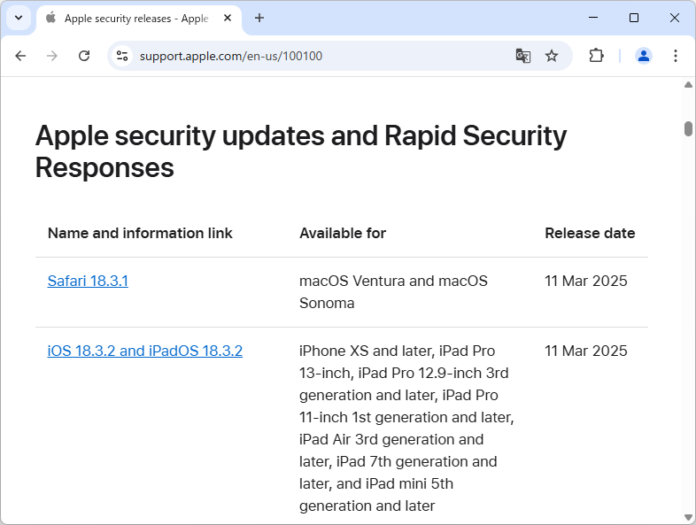 Apple、セキュリティ更新を実施