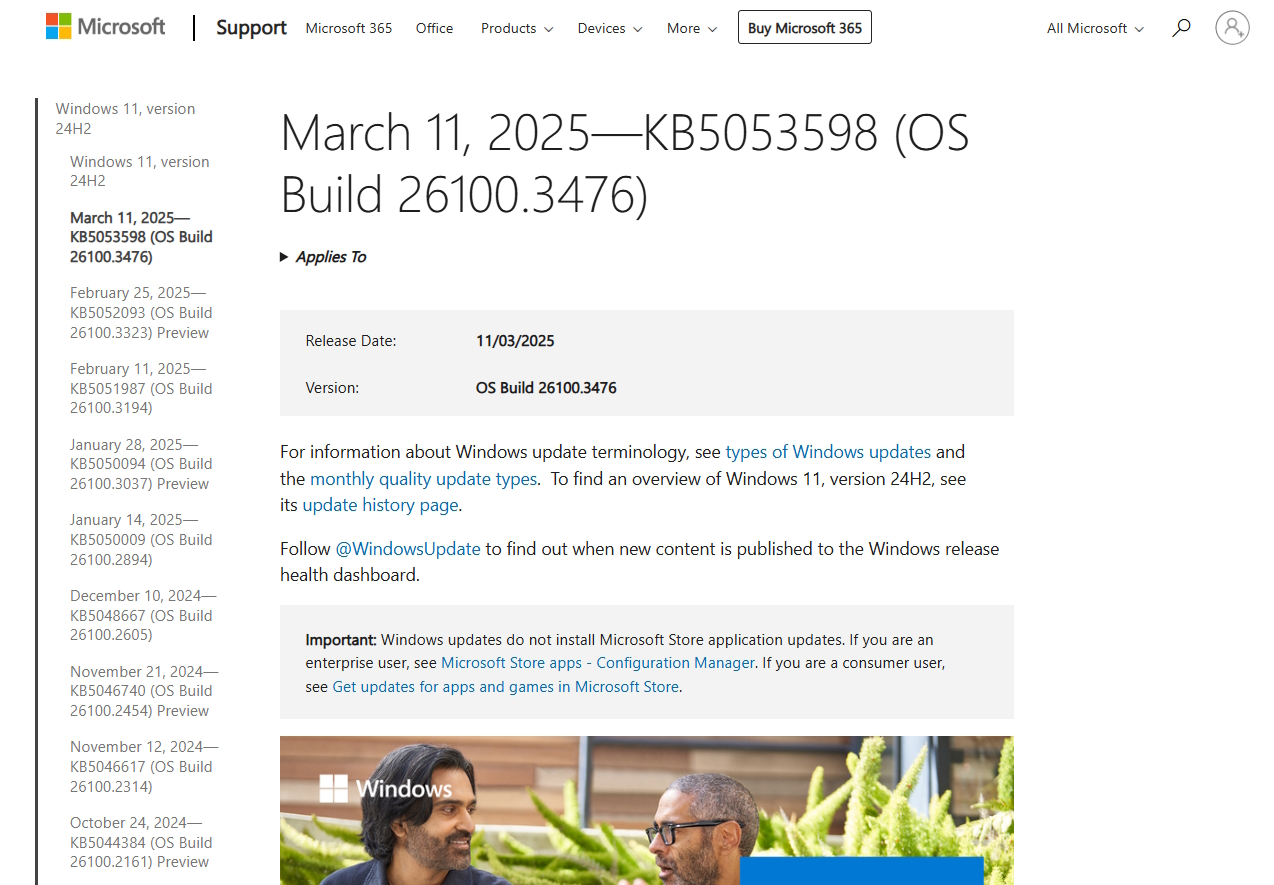 3月11日（現地時間）に公開された「KB5053598」のドキュメントページ