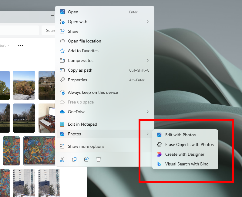 「フォト」アプリの「エクスプローラー」コンテキストメニューが拡充